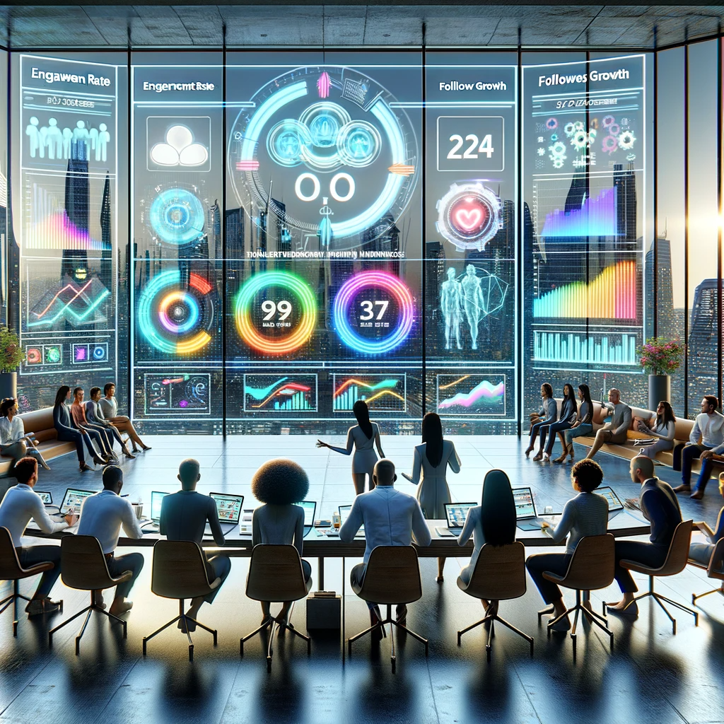 un tableau de bord numérique futuriste en 2024, affichant huit indicateurs clés de performance (ICP) essentiels à la réussite du marketing d'influence. La scène se déroule dans un bureau moderne et élégant, avec de grands écrans transparents affichant des tableaux et des graphiques interactifs et colorés. Ces graphiques représentent diverses mesures telles que le taux d'engagement, la croissance du nombre d'adeptes et le retour sur investissement. Au premier plan, un groupe de professionnels du marketing, composé d'une femme caucasienne, d'un homme noir et d'une femme asiatique, analyse attentivement les données. Ils sont vêtus d'une tenue de travail élégante et décontractée. Le bureau offre une vue panoramique sur un paysage urbain futuriste, avec de hauts gratte-ciel et des voitures volantes. L'atmosphère est à la collaboration et à la haute technologie.