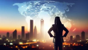 Homme en tenue arabe regardant la skyline au crépuscule, superposée d'une carte mondiale connectée, technologie et affaires.
