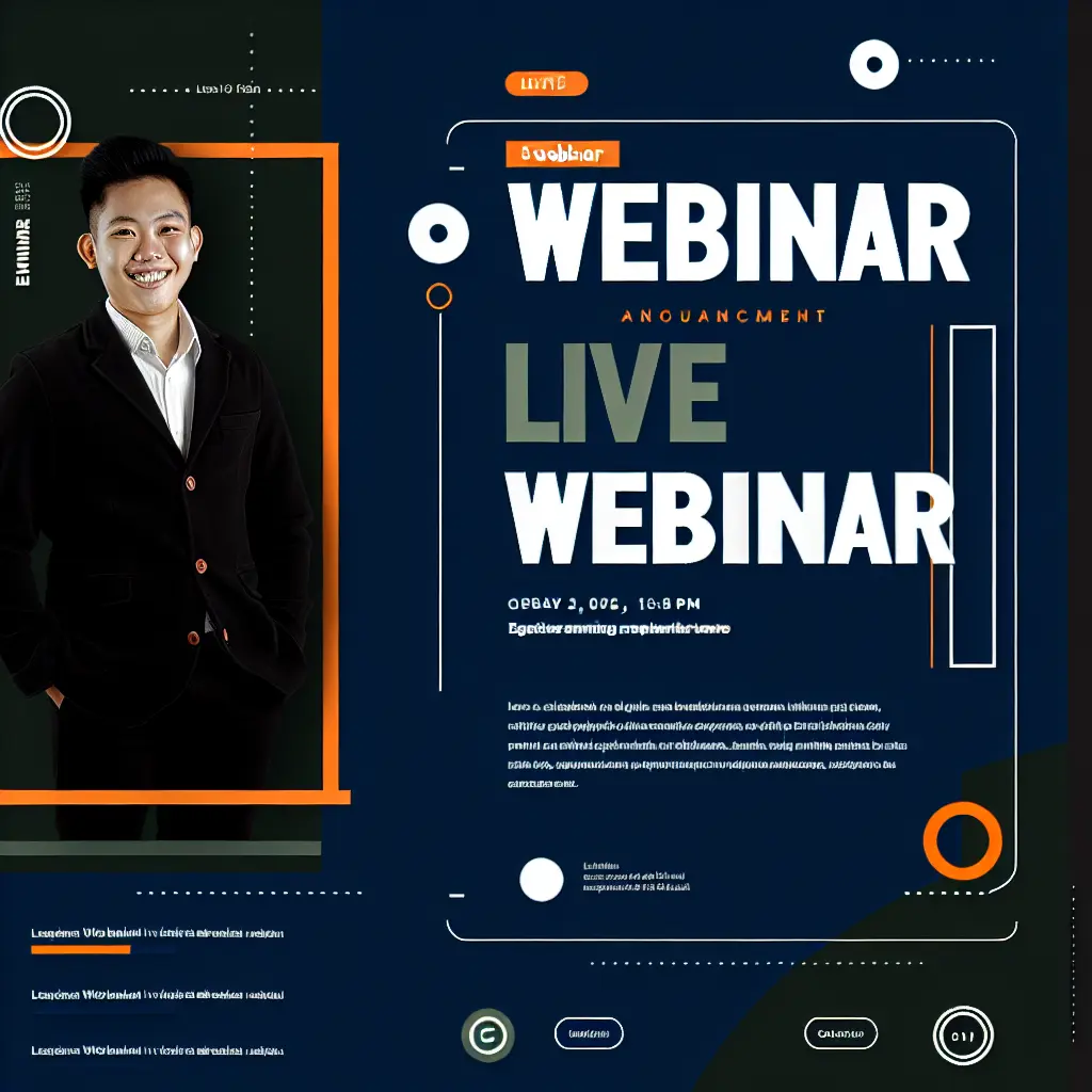 Webinaire en direct annoncé pour le 3 octobre avec intervenant en veste noire, design moderne bleu et orange.