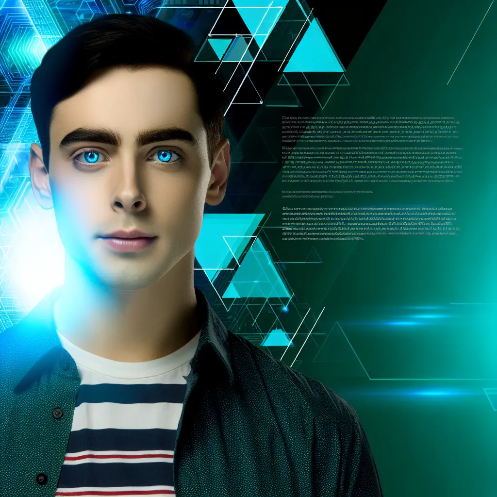 Jeune homme avec yeux bleus néon, devant un fond numérique turquoise avec motifs géométriques.