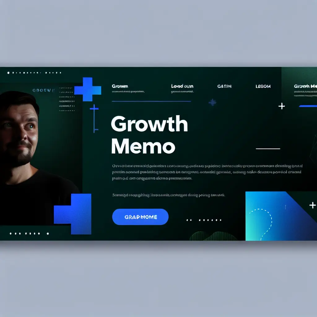 Affiche numérique sombre avec texte "Growth Memo", éléments graphiques bleus et visage d'un homme.