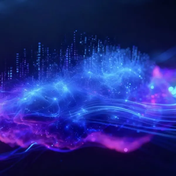 Nuage numérique lumineux bleu et violet symbolisant le partenariat stratégique entre THG Ingenuity et Google Cloud