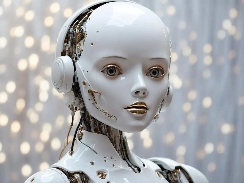 Robot humanoïde élégant en gros plan, illustrant l'innovation technologique de Debenhams pour le e-commerce