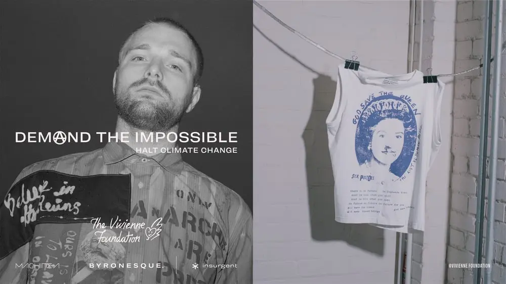 Homme posant avec chemise anarchiste et slogan, tee-shirt "God Save the Queen" accroché à gauche, The Vivienne Foundation