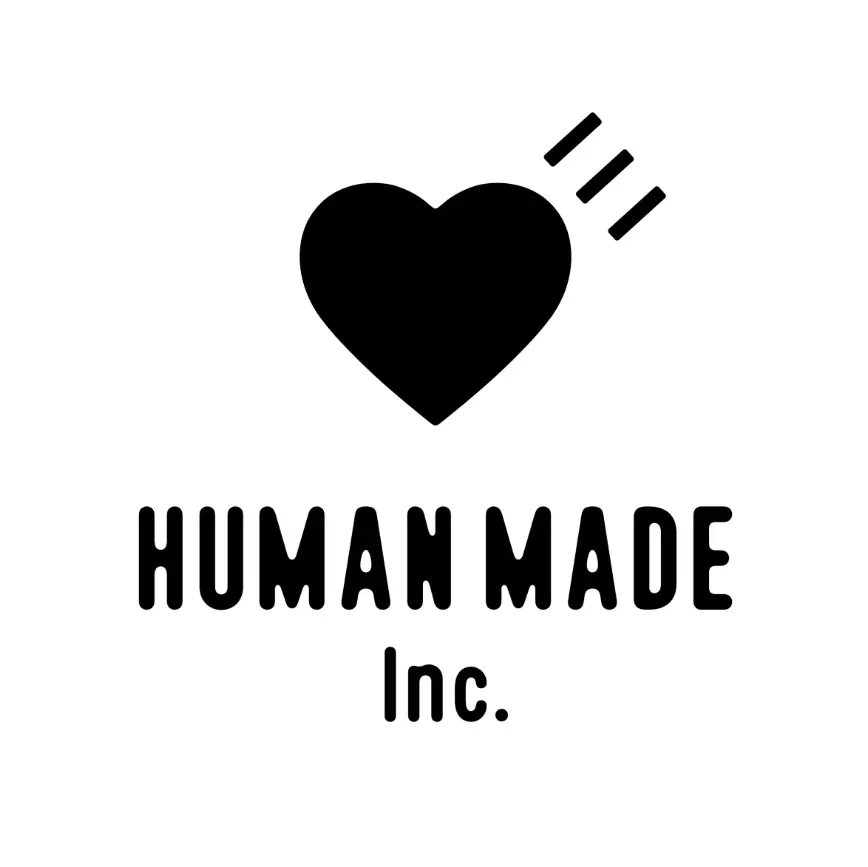 Logo de Human Made avec un cœur noir stylisé et trois traits au-dessus sur fond blanc