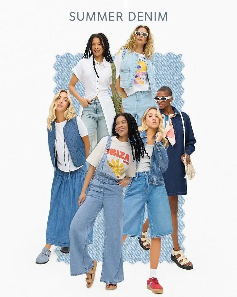 Des mannequins portent des vêtements en denim de la collection Tu Clothing été, sur fond de tissu texturé.