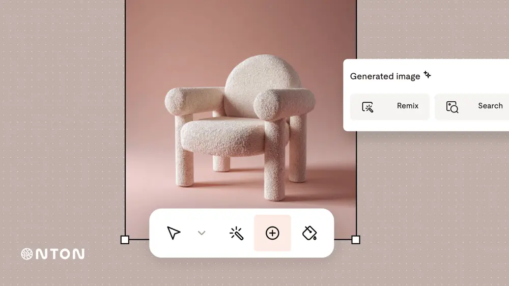 Fauteuil moderne en tissu texturé sur fond rose avec le logo Onton affiché en bas à gauche de l'image