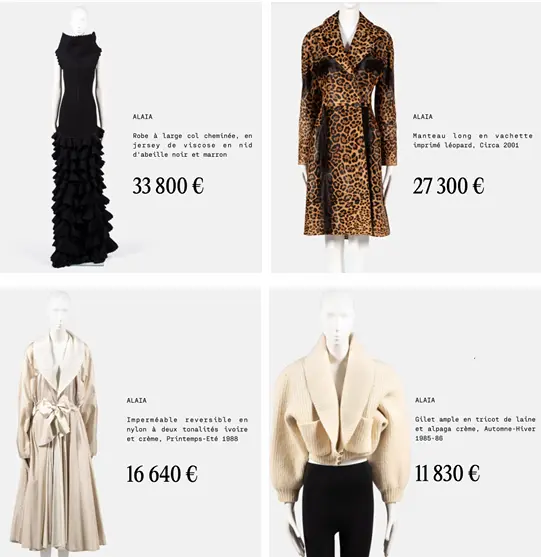Vêtements vintage Alaïa présentés lors de la vente aux enchères Farida Khelfa, avec une robe à 33 800 €.