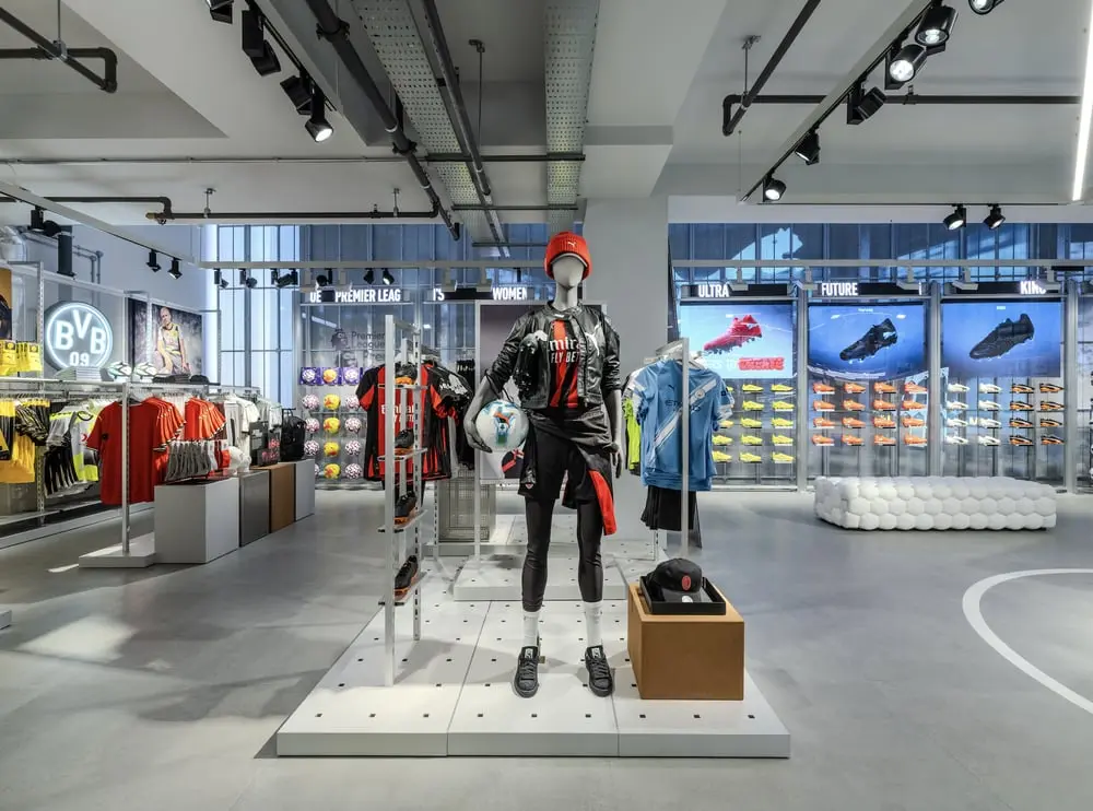 Magasin Puma avec vêtements de sport, mannequins et chaussures exposés, incluant des produits aux couleurs vives