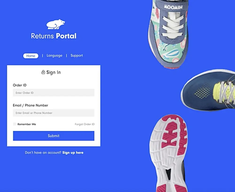 Portail de retours Bleckmann avec des chaussures sur fond bleu et un formulaire de connexion