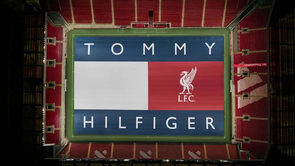 The Tommy Hilfiger x Liverpool FC flag over the stadium