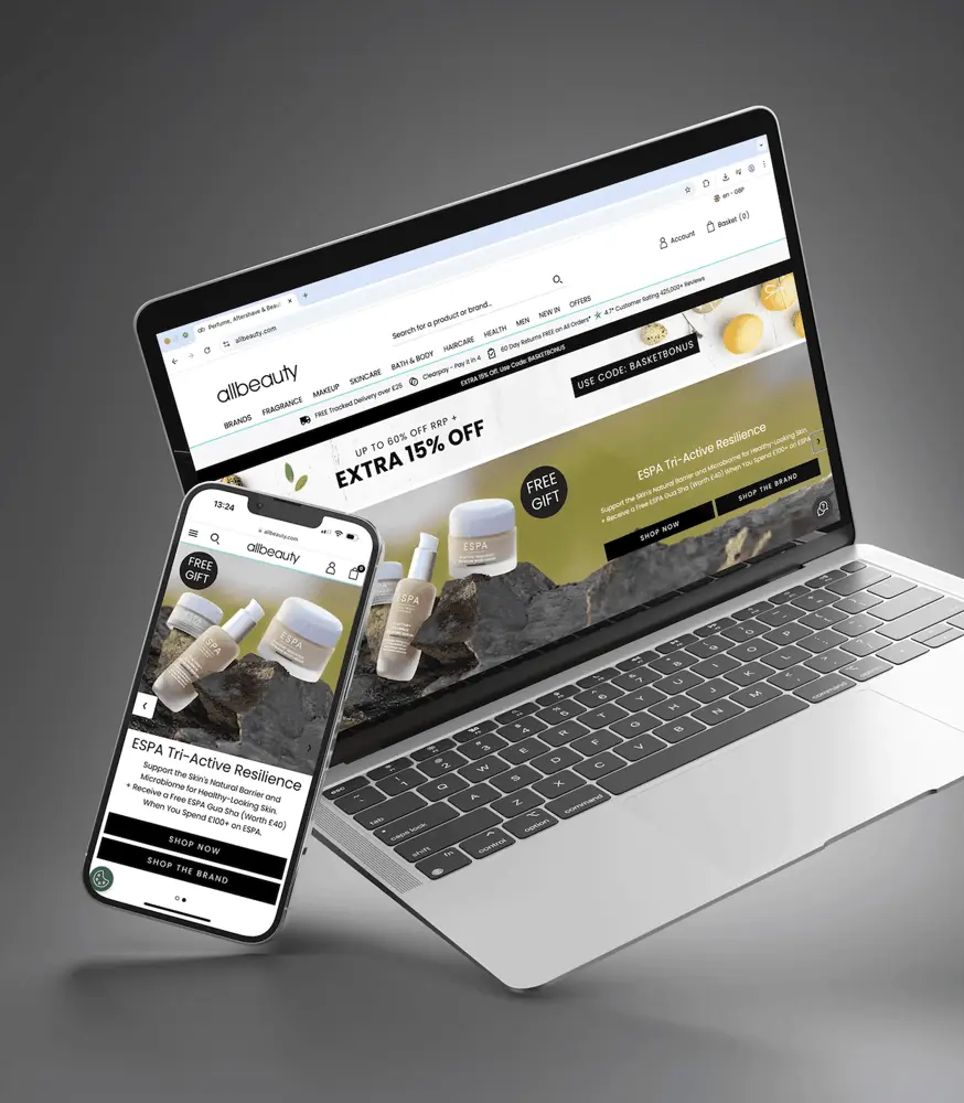 Ordinateur portable et smartphone affichant le site marchand allbeauty avec des offres ESPA en promotion